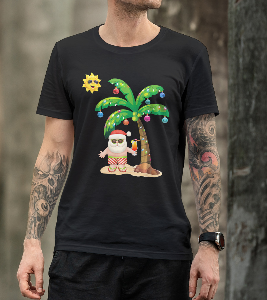 July Christmas Palm Tree Santa With Sunglasses And Cocktail T-Shirt
