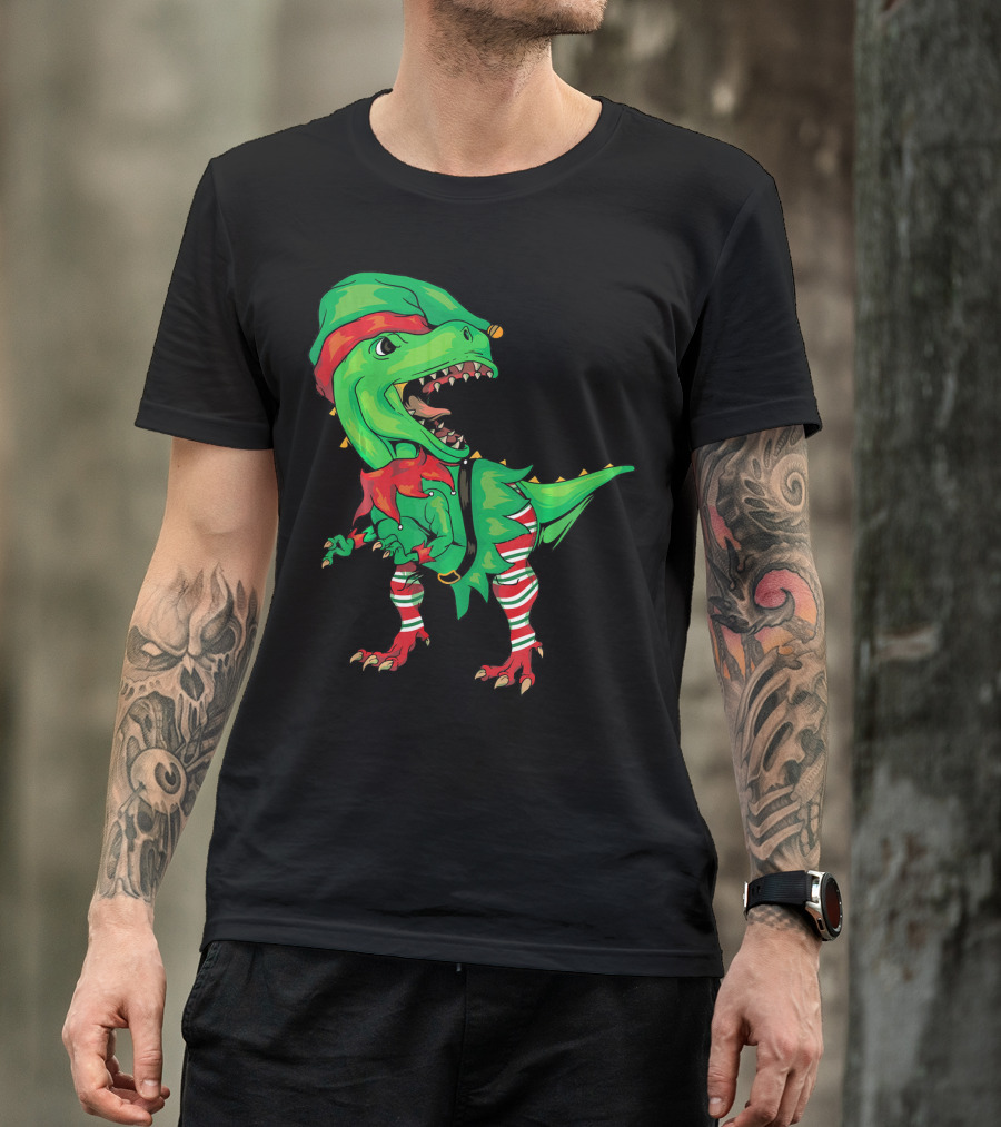 Christmas Dinosaur In Elf Costume T-Shirt