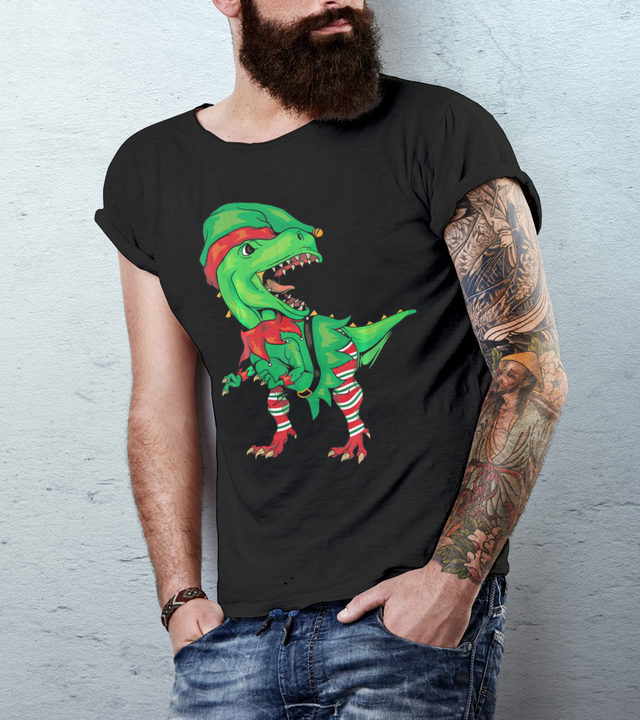 Christmas Dinosaur In Elf Costume T-Shirt