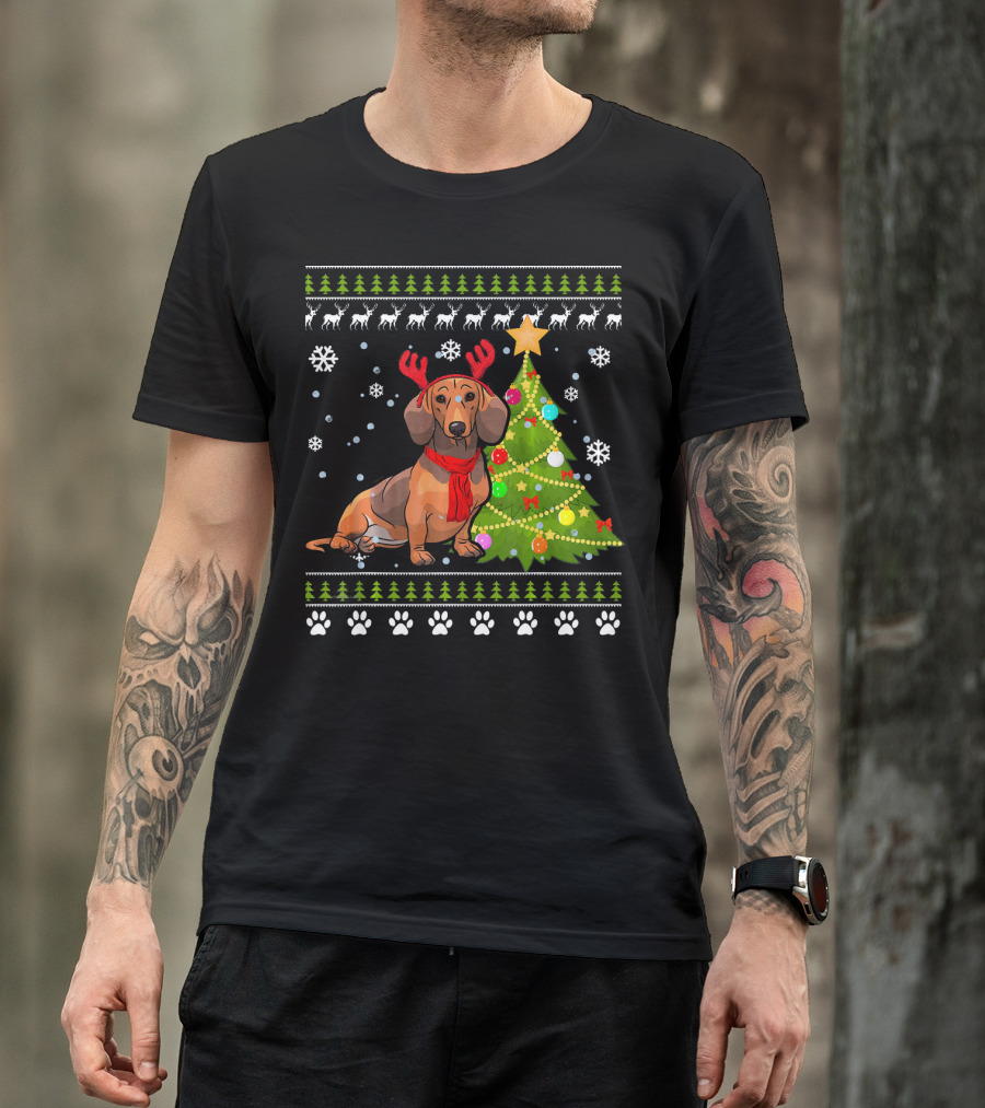 Dachshund Ugly Christmas Reindeer Antlers Christmas Tree Snowflakes T-Shirt