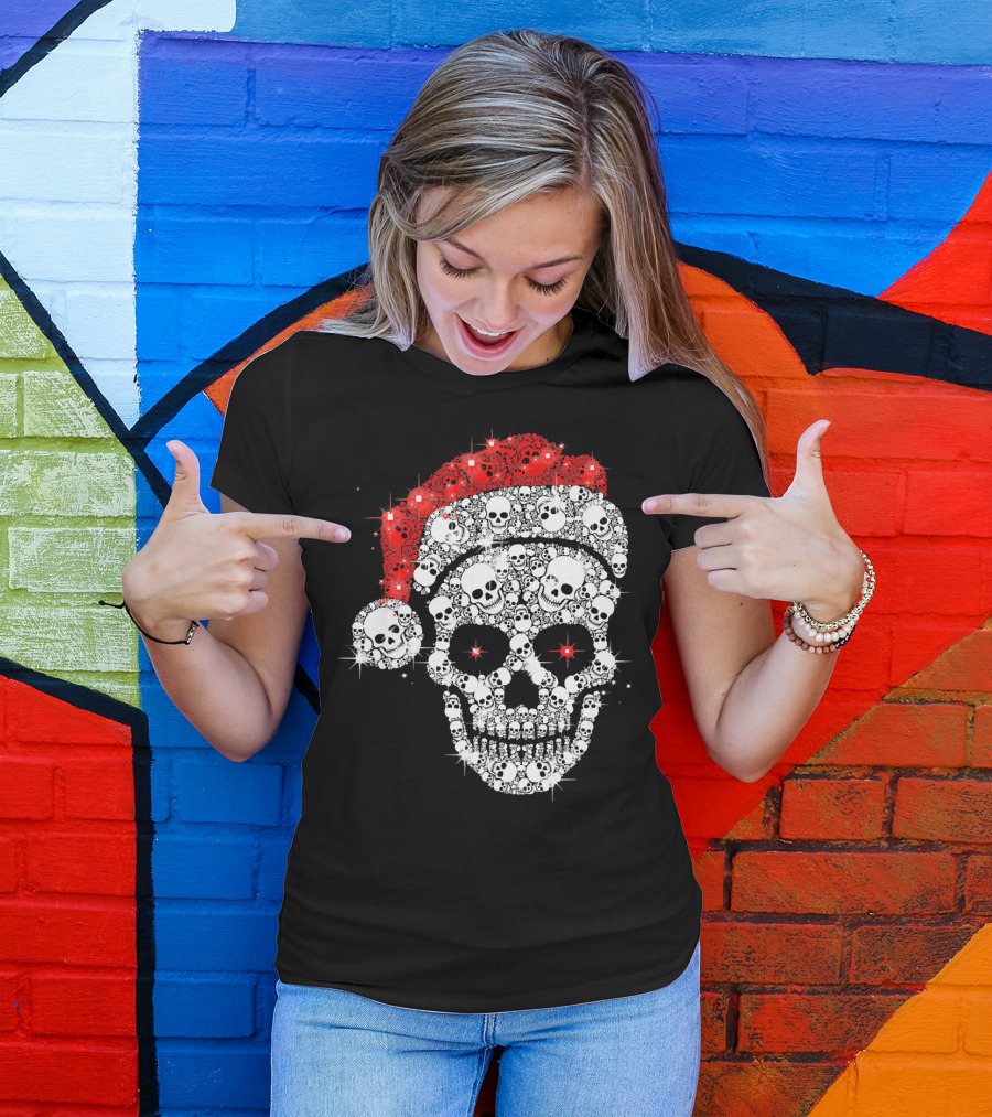 Shiny Skull Rhinestone Santa Hat Christmas Skulls T-Shirt