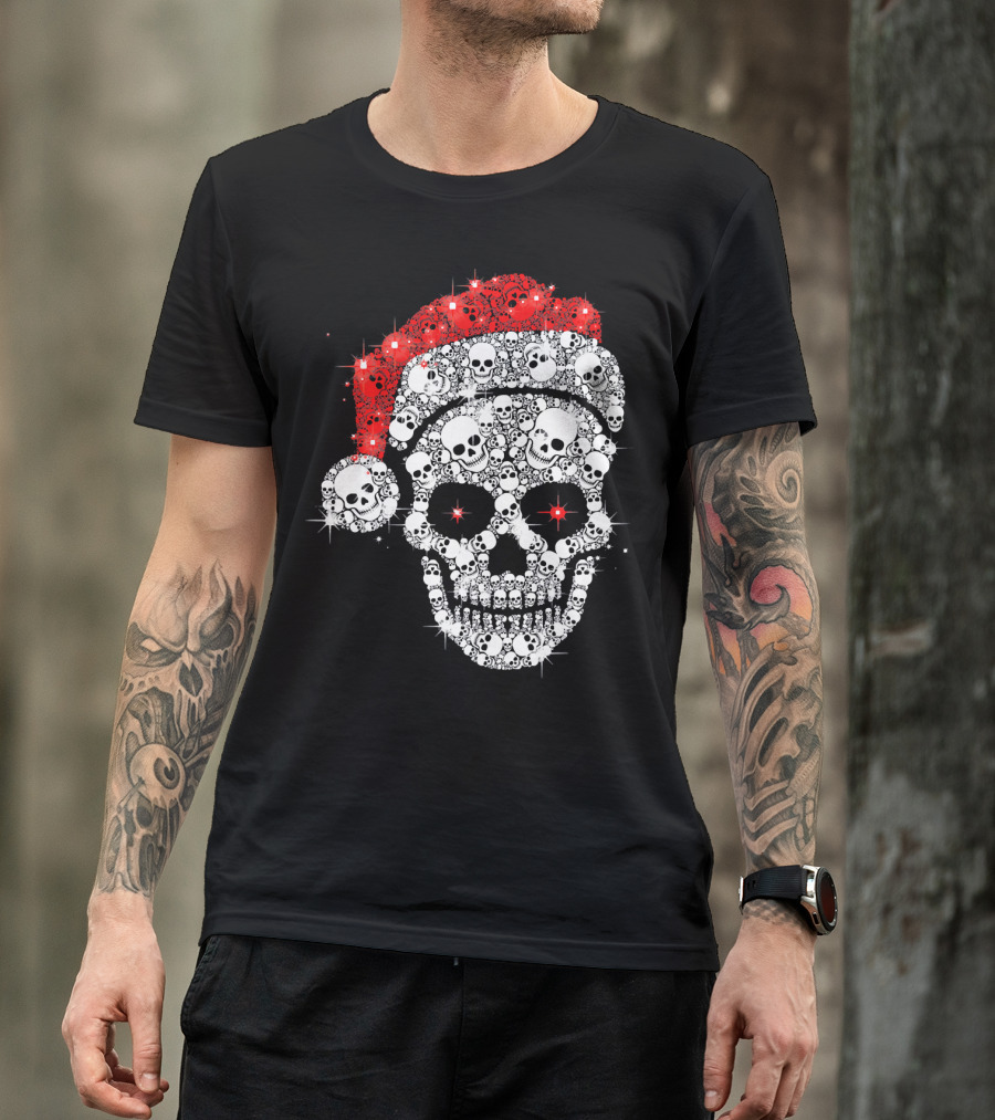 Shiny Skull Rhinestone Santa Hat Christmas Skulls T-Shirt