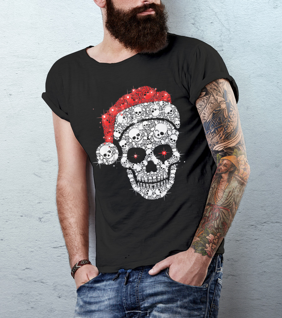 Shiny Skull Rhinestone Santa Hat Christmas Skulls T-Shirt