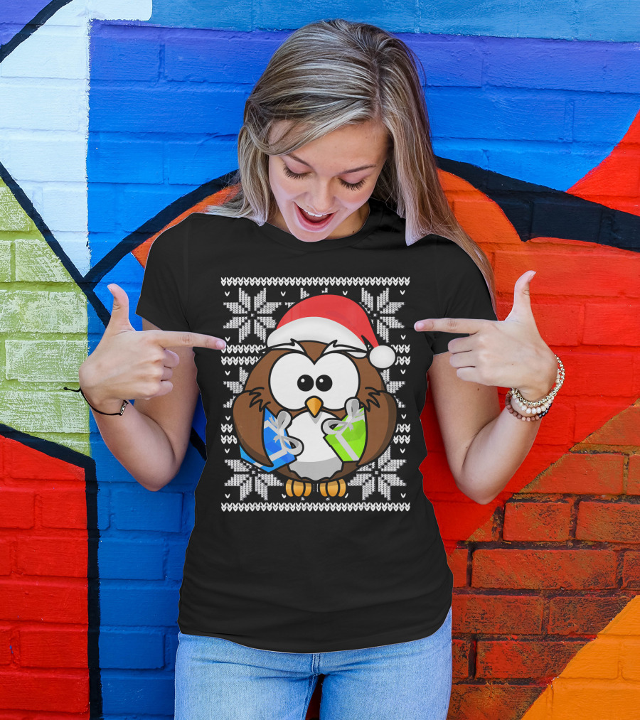 UGLY CHRISTMAS Holiday Owl With Santa Hat And Gifts T-Shirt