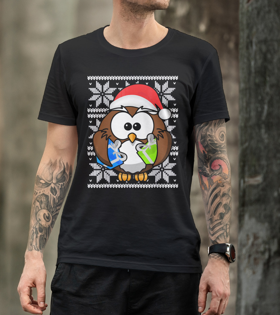 UGLY CHRISTMAS Holiday Owl With Santa Hat And Gifts T-Shirt