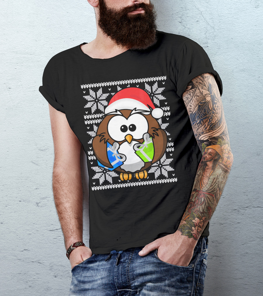 UGLY CHRISTMAS Holiday Owl With Santa Hat And Gifts T-Shirt
