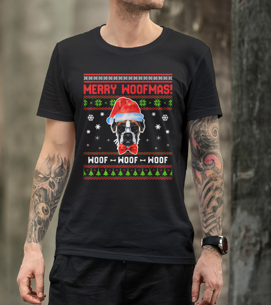 Merry Woofmas Boxer Dog Santa Hat Woof Woof Woof T-Shirt