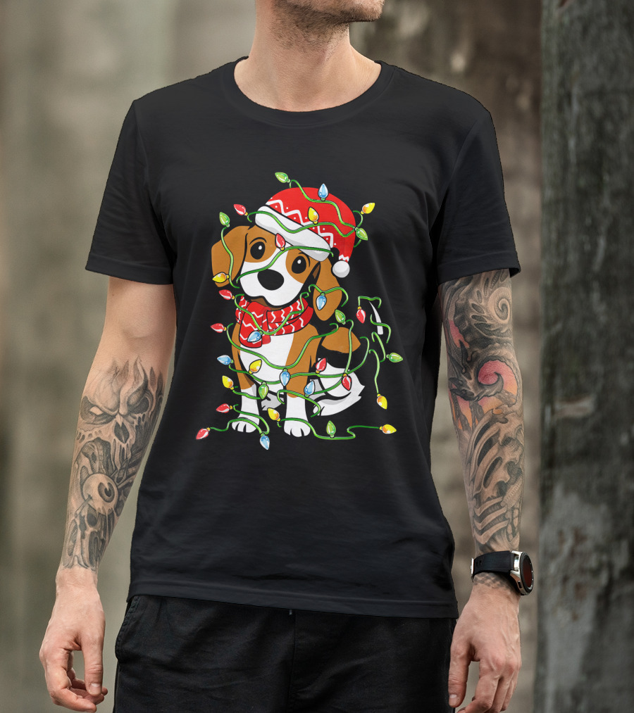 Beagle Wrapped In Christmas Lights Wearing Santa Hat T-Shirt