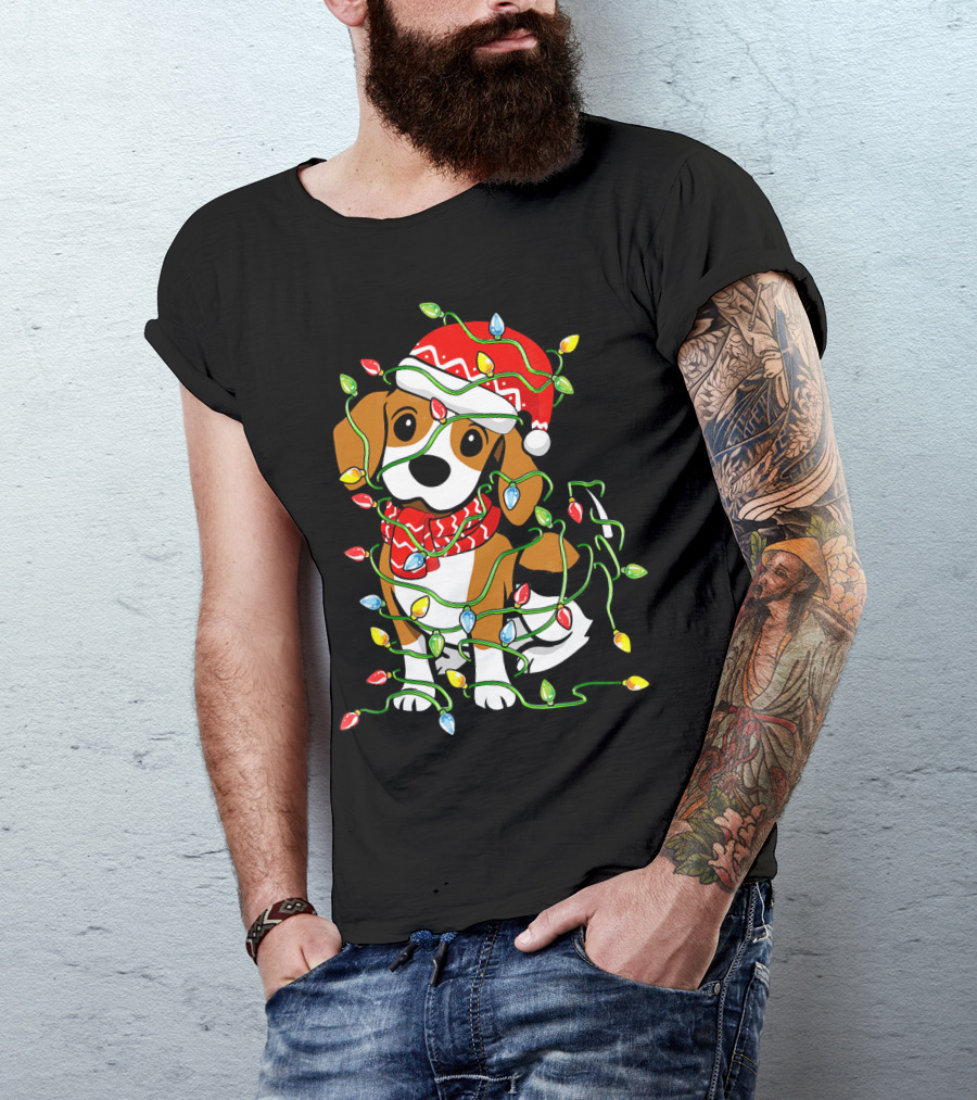 Beagle Wrapped In Christmas Lights Wearing Santa Hat T-Shirt