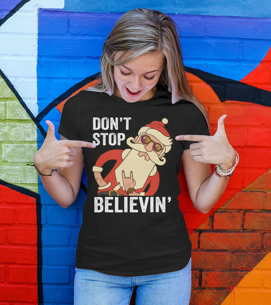 Don't Stop Believin' Santa Rock Hand Gesture T-Shirt