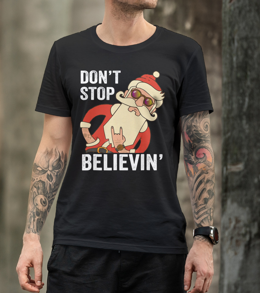 Don't Stop Believin' Santa Rock Hand Gesture T-Shirt