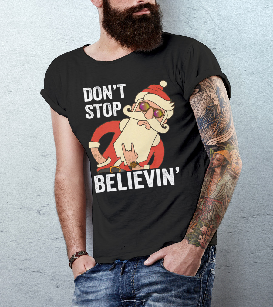 Don't Stop Believin' Santa Rock Hand Gesture T-Shirt