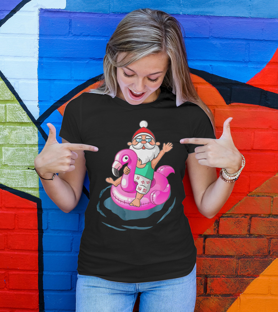 Christmas In July Santa Riding Flamingo Float In Hawaiian Shorts T-Shirt