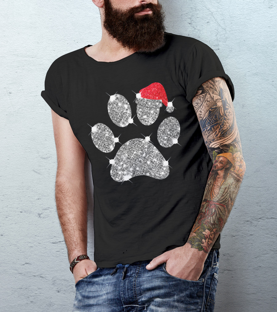 Merry Christmas Paw Santa Hat Sparkle T-Shirt