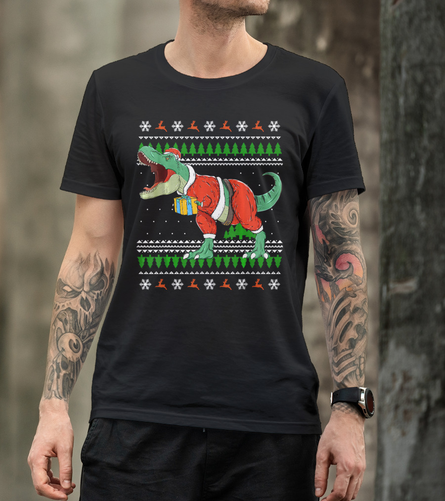 Funny TRex Dino Christmas Santa Holding Gift In Ugly T-Shirt
