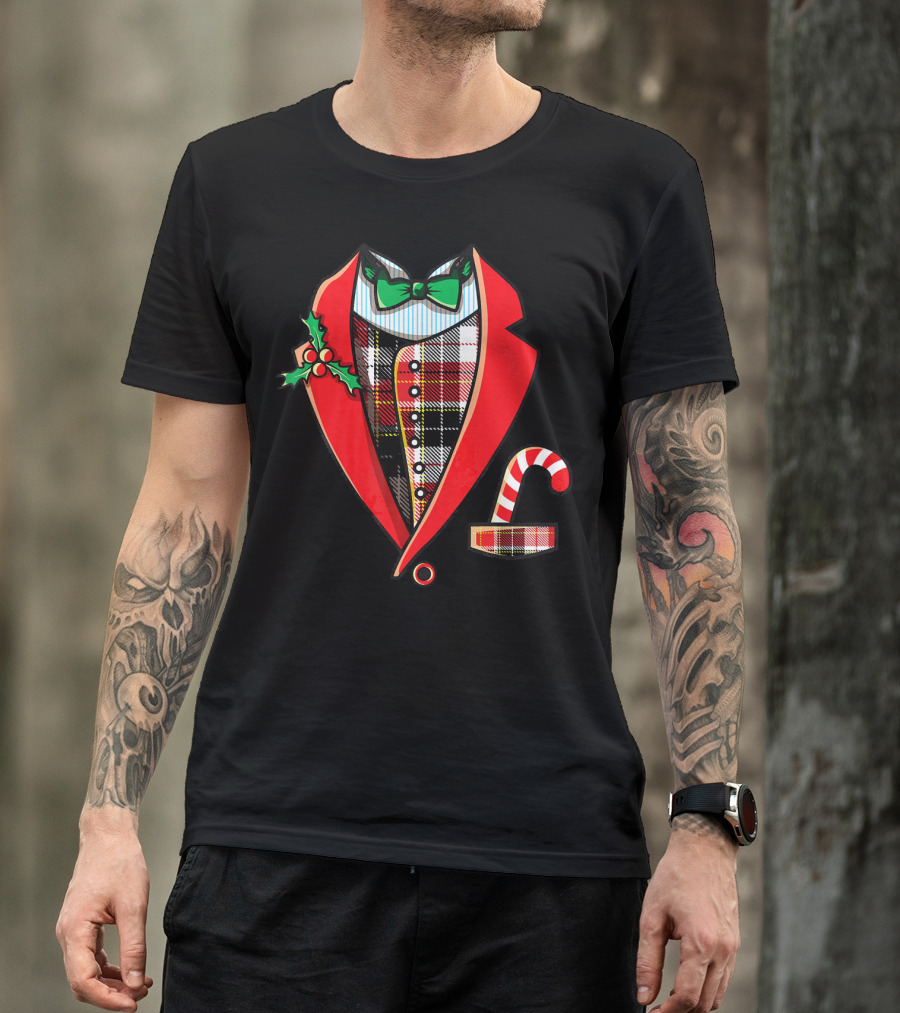 Christmas Tuxedo Plaid Suit Jacket With Green Bow Tie And Candy Cane T-Shirt
