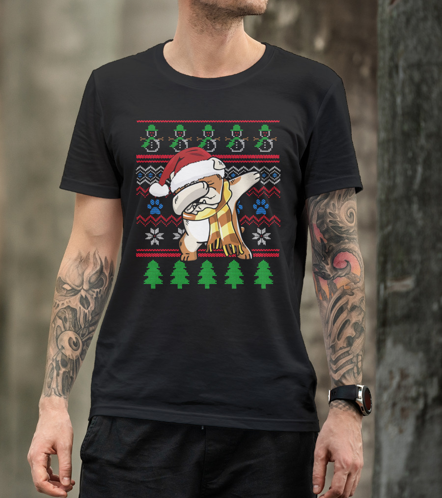 Bulldog Dabbing UglyStyle Santa Hat Christmas Trees Snowmen T-Shirt