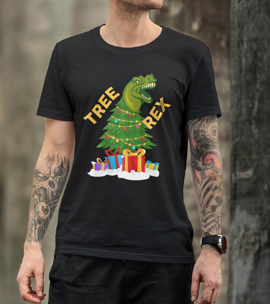 Tree Rex Christmas Dinosaur With Presents And Decorations T-Shirt