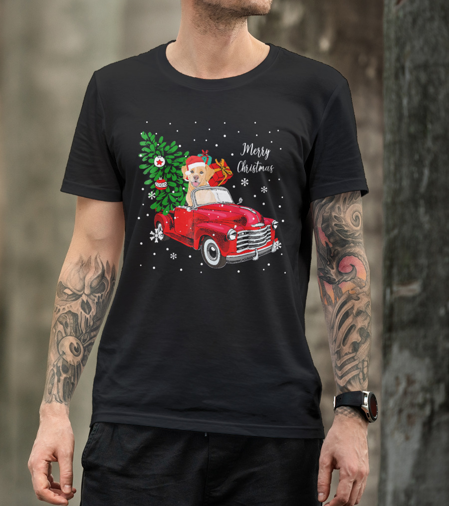 Merry Christmas Santa Labrador Dog Riding Red Truck With Presents And Tree T-Shirt