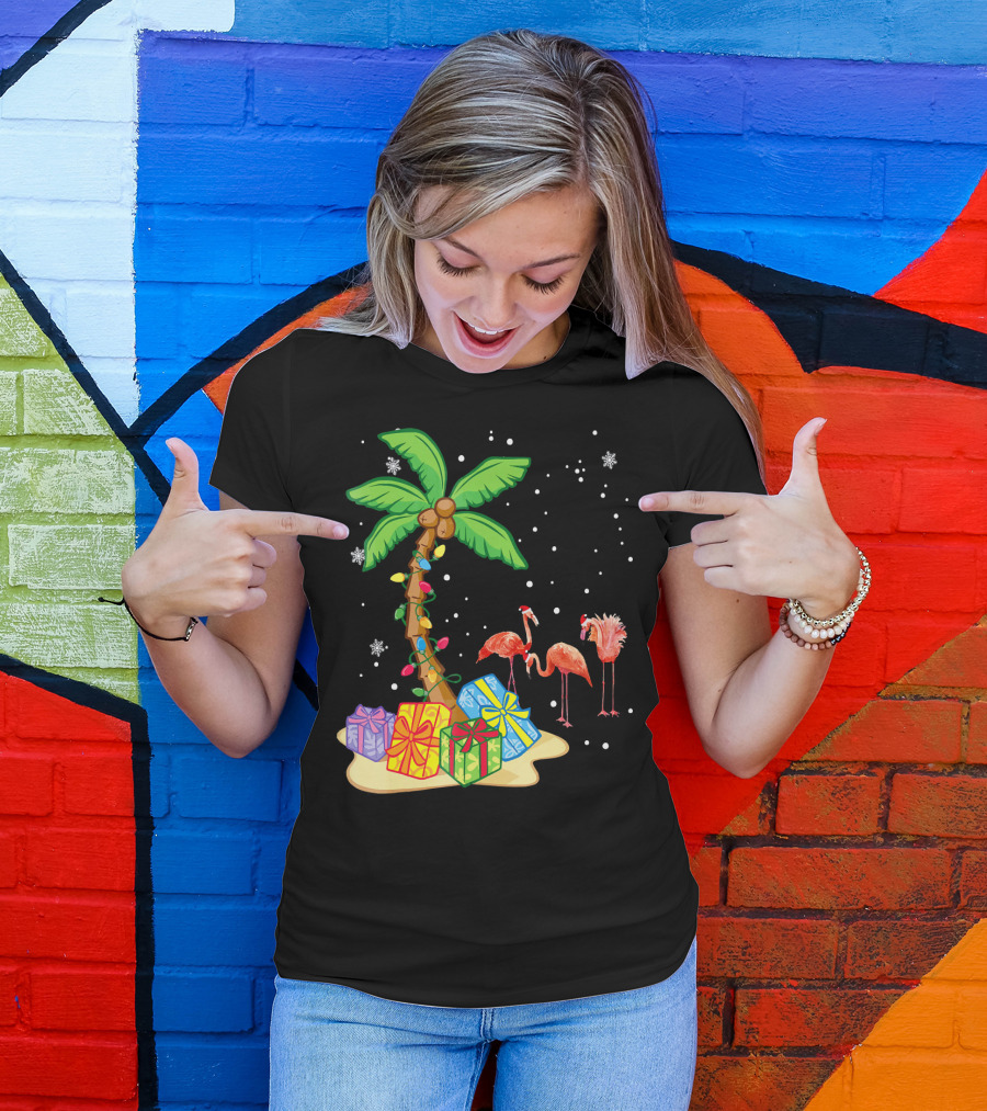 Flamingo Christmas Palm Tree Snow Presents T-Shirt