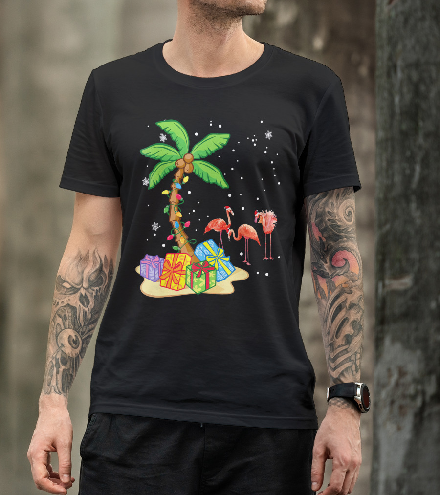 Flamingo Christmas Palm Tree Snow Presents T-Shirt