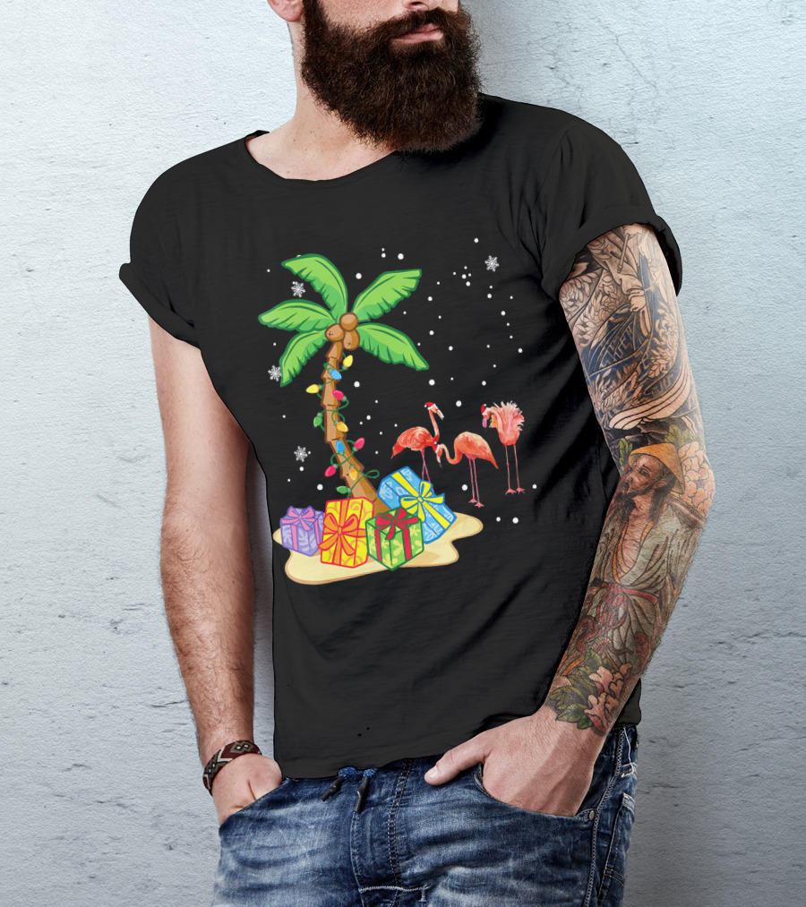 Flamingo Christmas Palm Tree Snow Presents T-Shirt