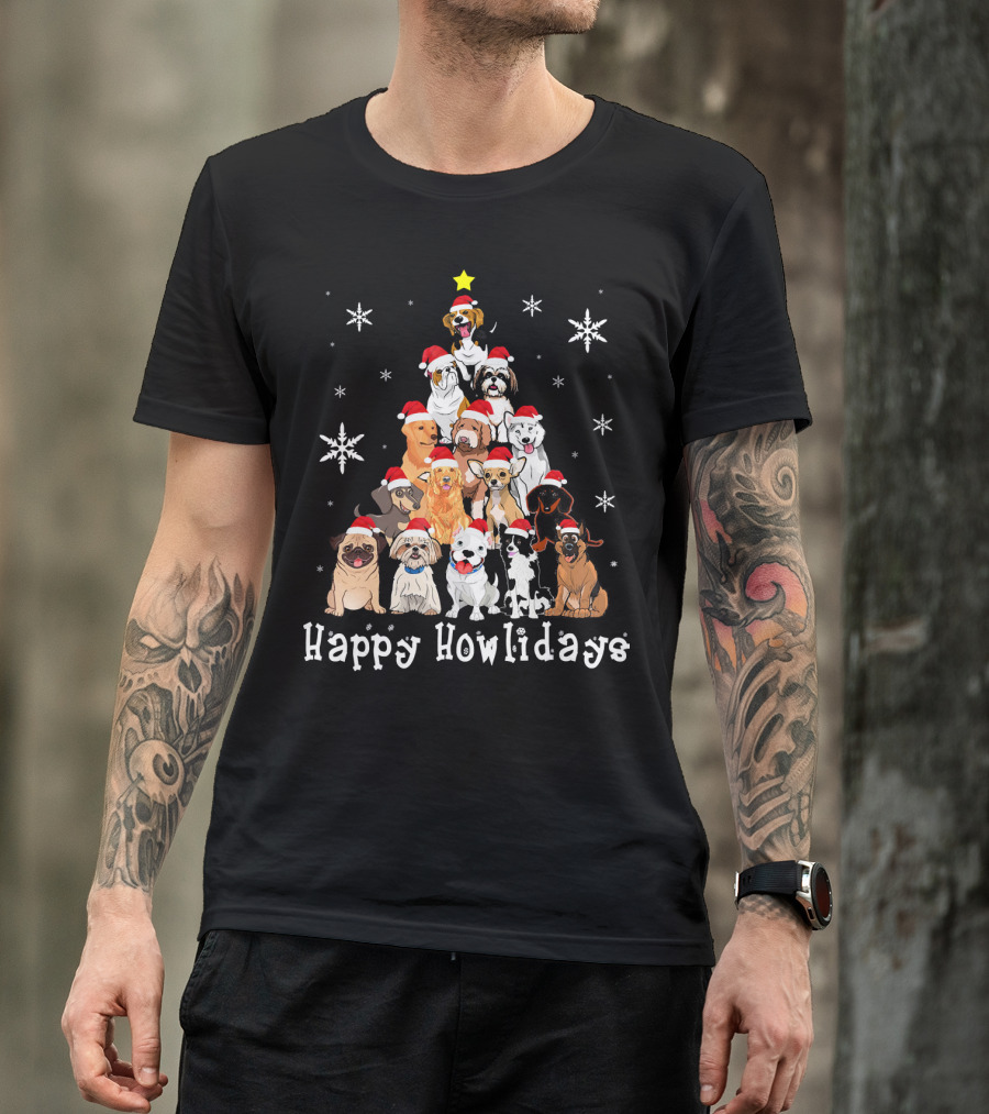 Happy Howlidays Dog Christmas Tree Santa Hat Puppies Snowflakes T-Shirt