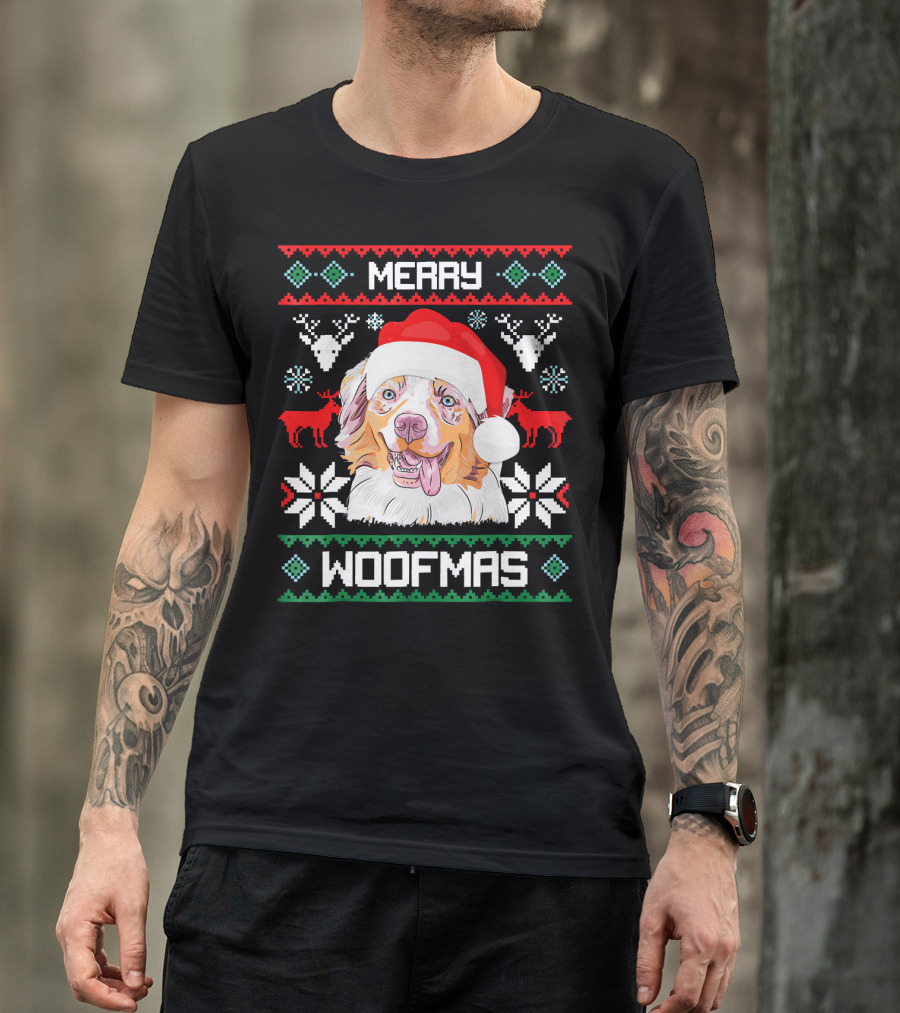 Merry Woofmas Australian Shepherd With Santa Hat And Christmas Motifs T-Shirt