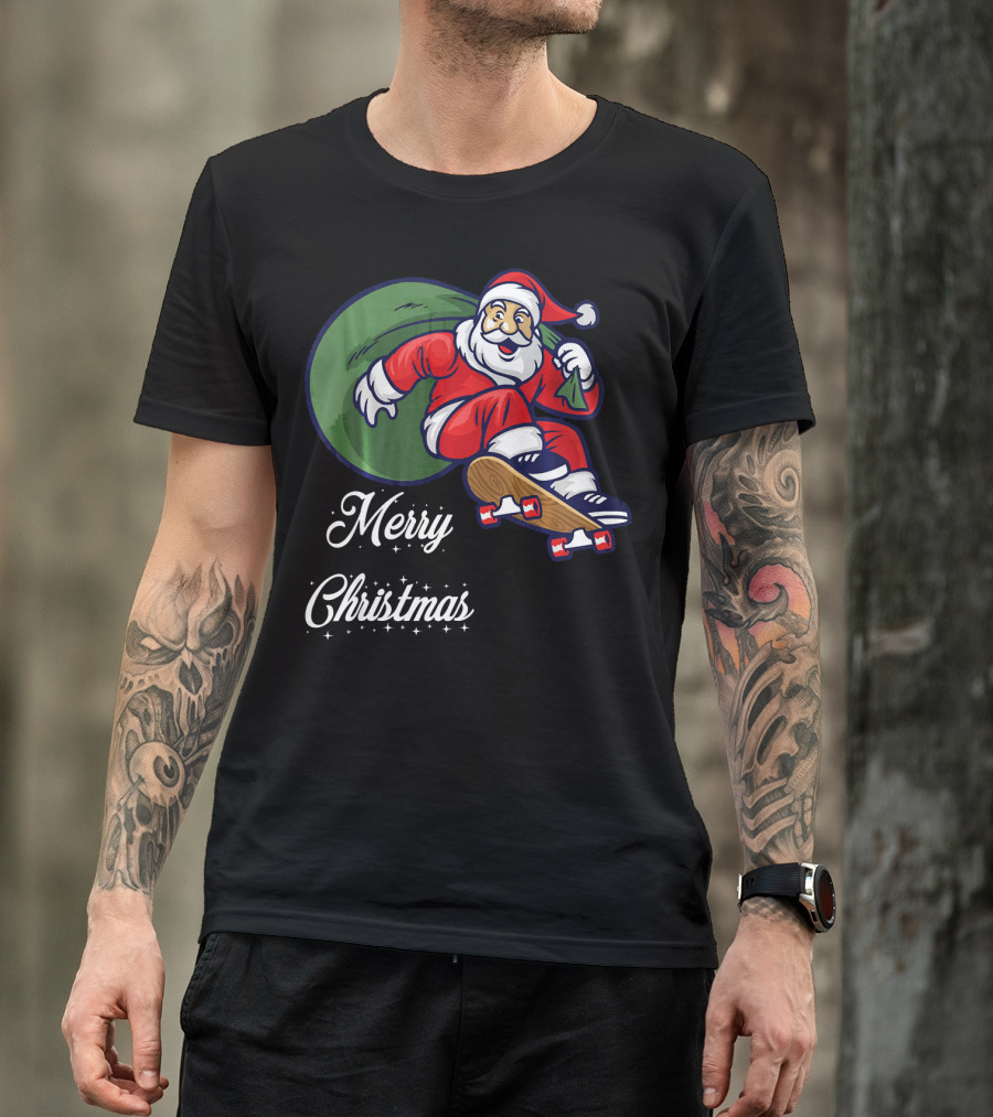 Merry Christmas Santa Claus Skating With Gift Sack T-Shirt