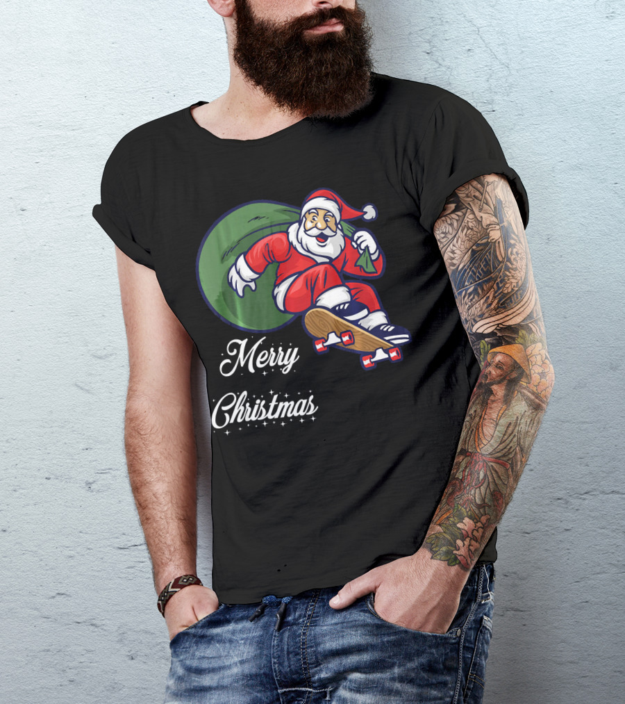 Merry Christmas Santa Claus Skating With Gift Sack T-Shirt