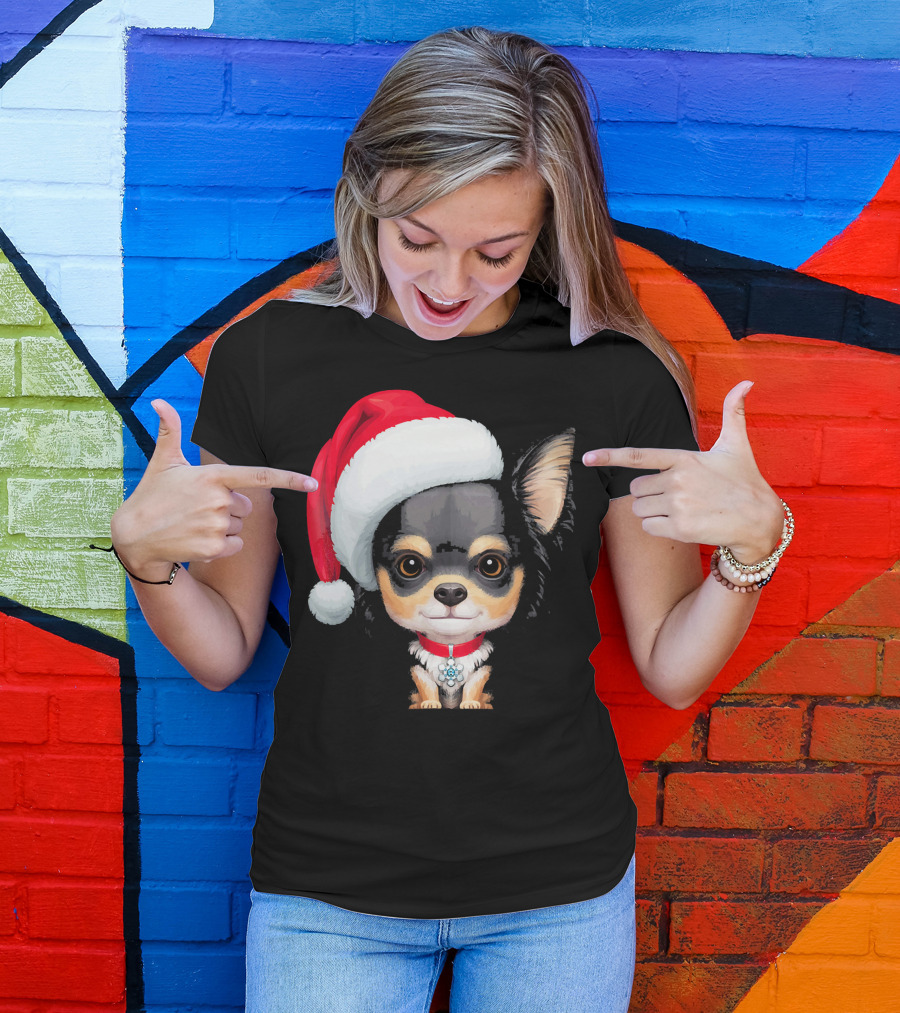 Festive Black And Tan Long Haired Chihuahua Santa Hat T-Shirt