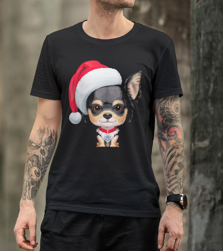 Festive Black And Tan Long Haired Chihuahua Santa Hat T-Shirt