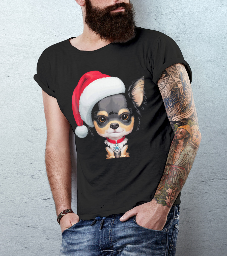Festive Black And Tan Long Haired Chihuahua Santa Hat T-Shirt