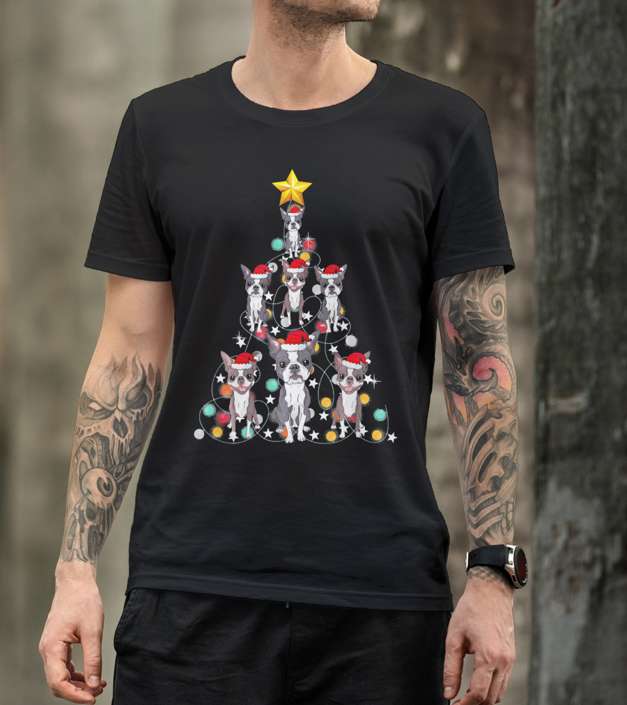 Santa Boston Terrier Christmas Tree Star Puppies T-Shirt