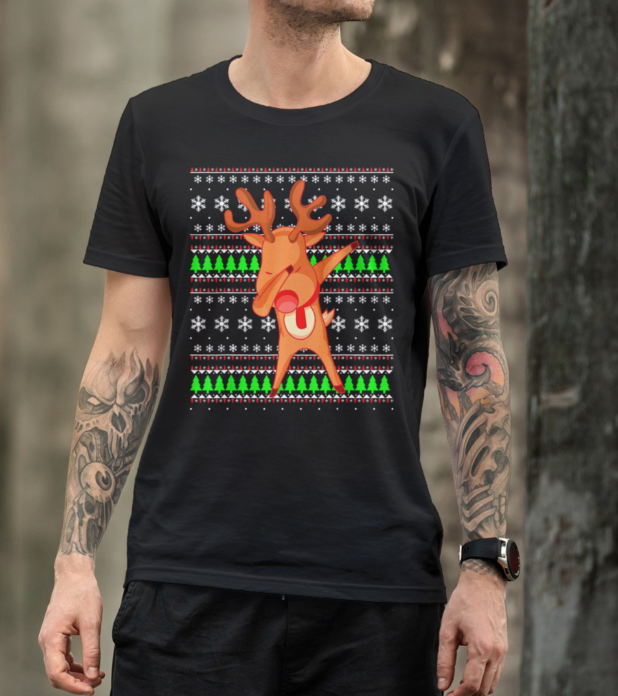 Dabbing Red Nose Reindeer Snowflakes Christmas Trees Ugly T-Shirt