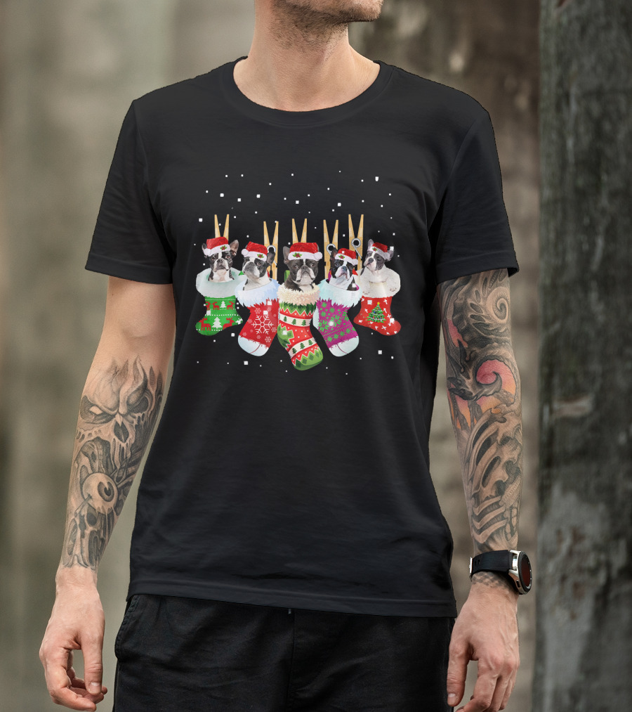 Christmas Boston Terrier Santa Hat Stockings T-Shirt