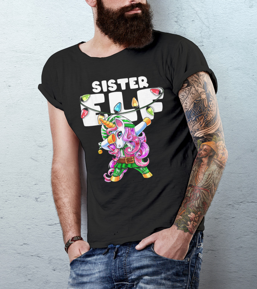 Sister Elf Christmas Dabbing Unicorn With Holiday Lights T-Shirt