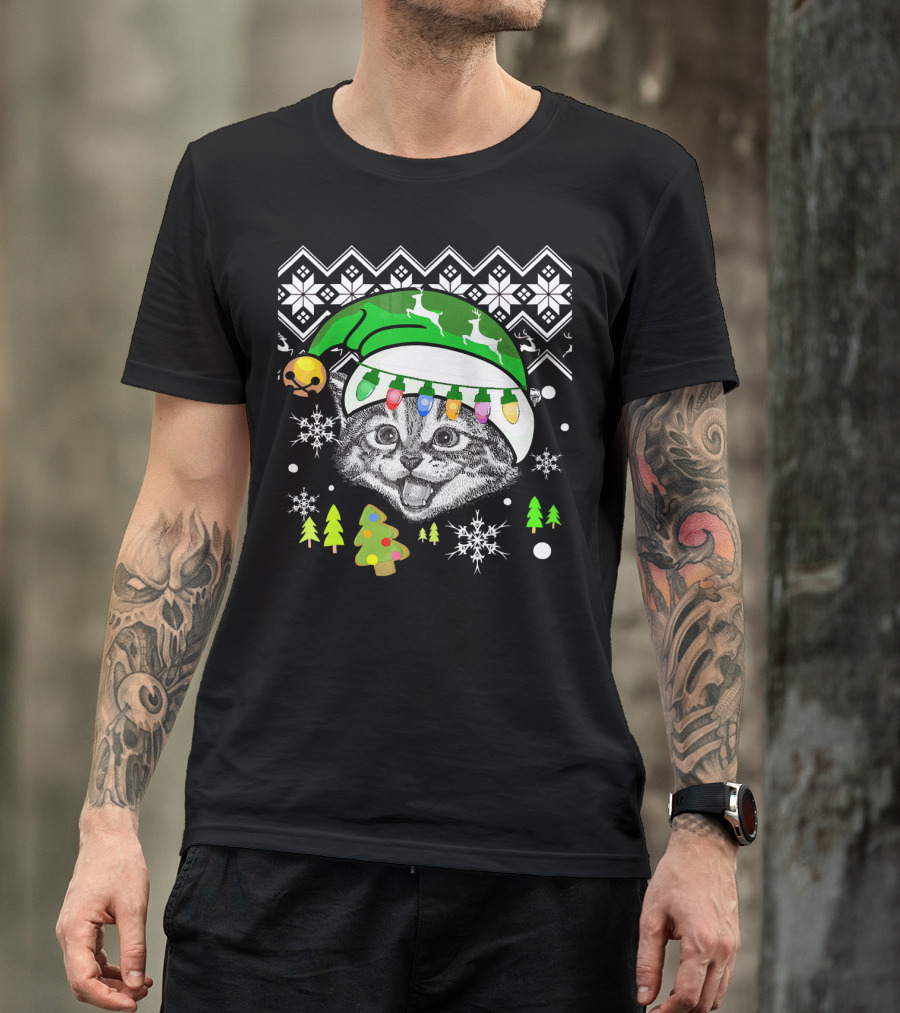Christmas Cat Reindeer Hat Snowflakes Festive Lights T-Shirt