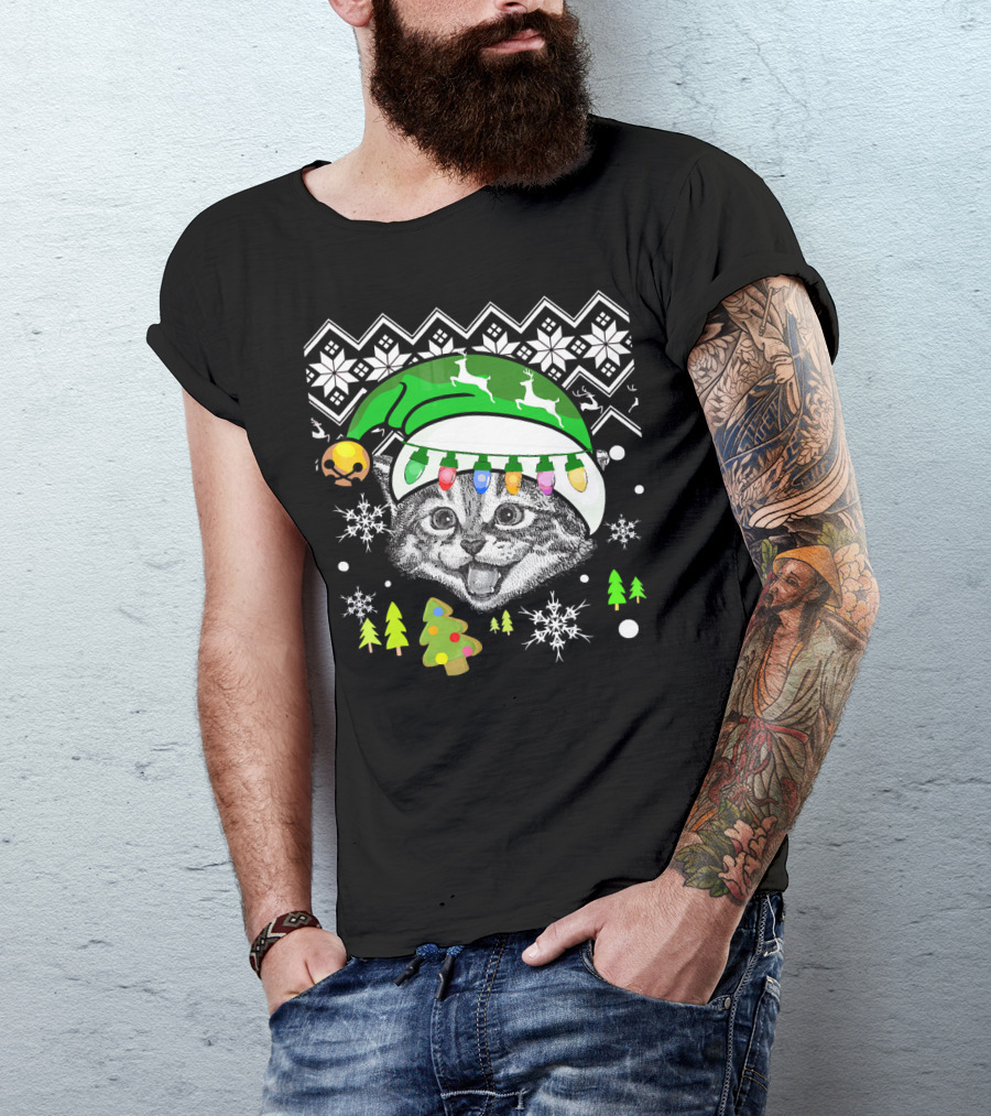 Christmas Cat Reindeer Hat Snowflakes Festive Lights T-Shirt