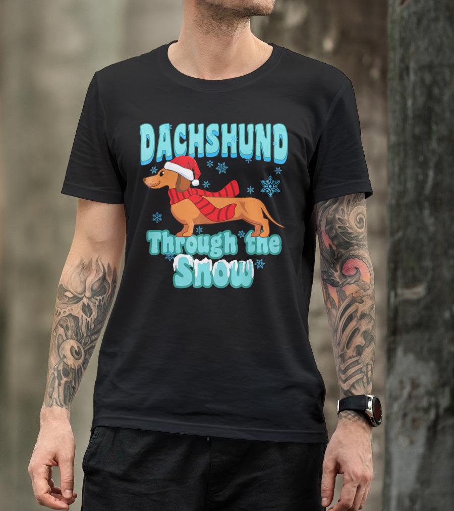 Dachshund Through The Snow Scarf And Santa Hat T-Shirt