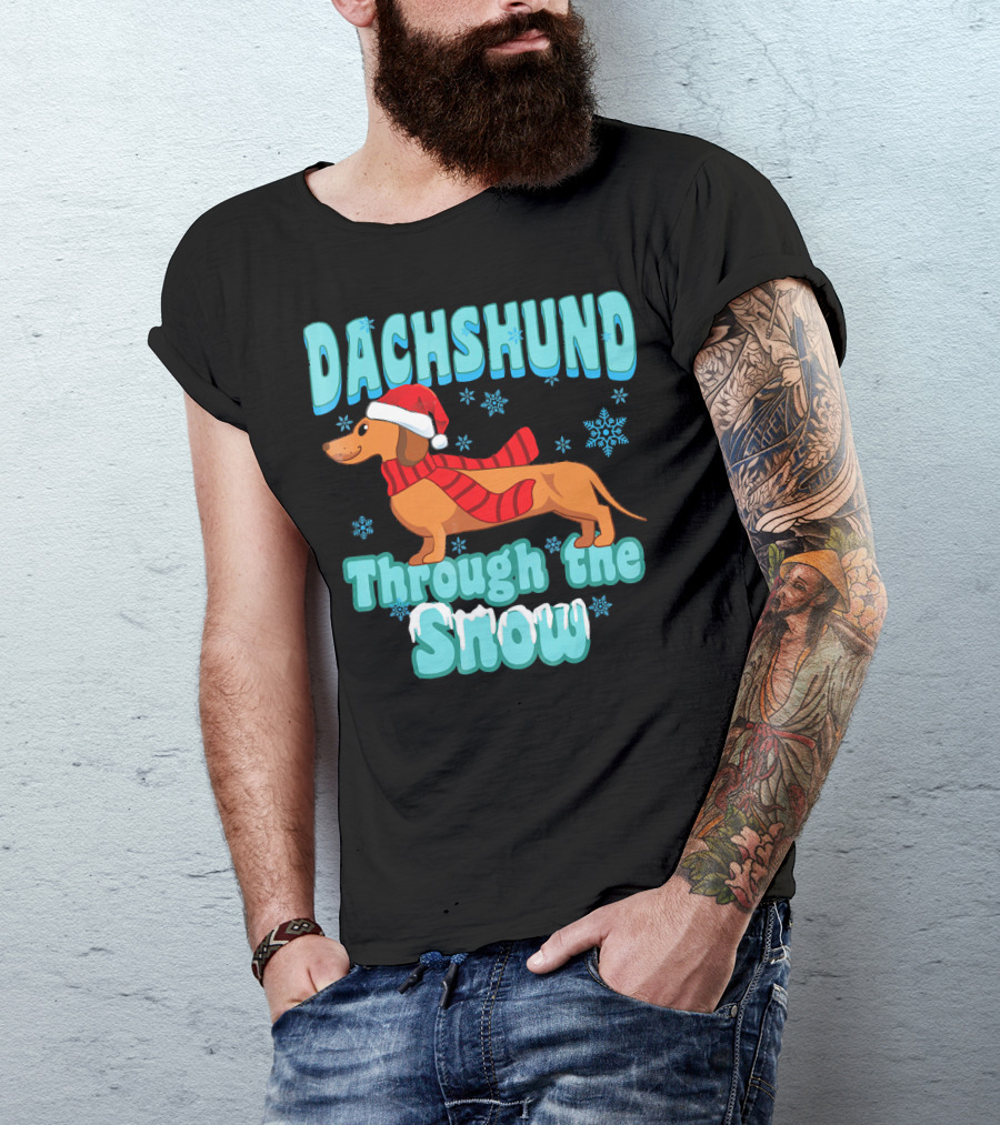 Dachshund Through The Snow Scarf And Santa Hat T-Shirt