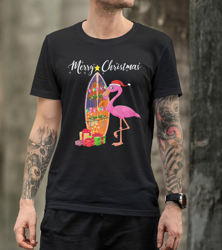Merry Christmas Flamingo Surfboard Santa Hat Gifts T-Shirt
