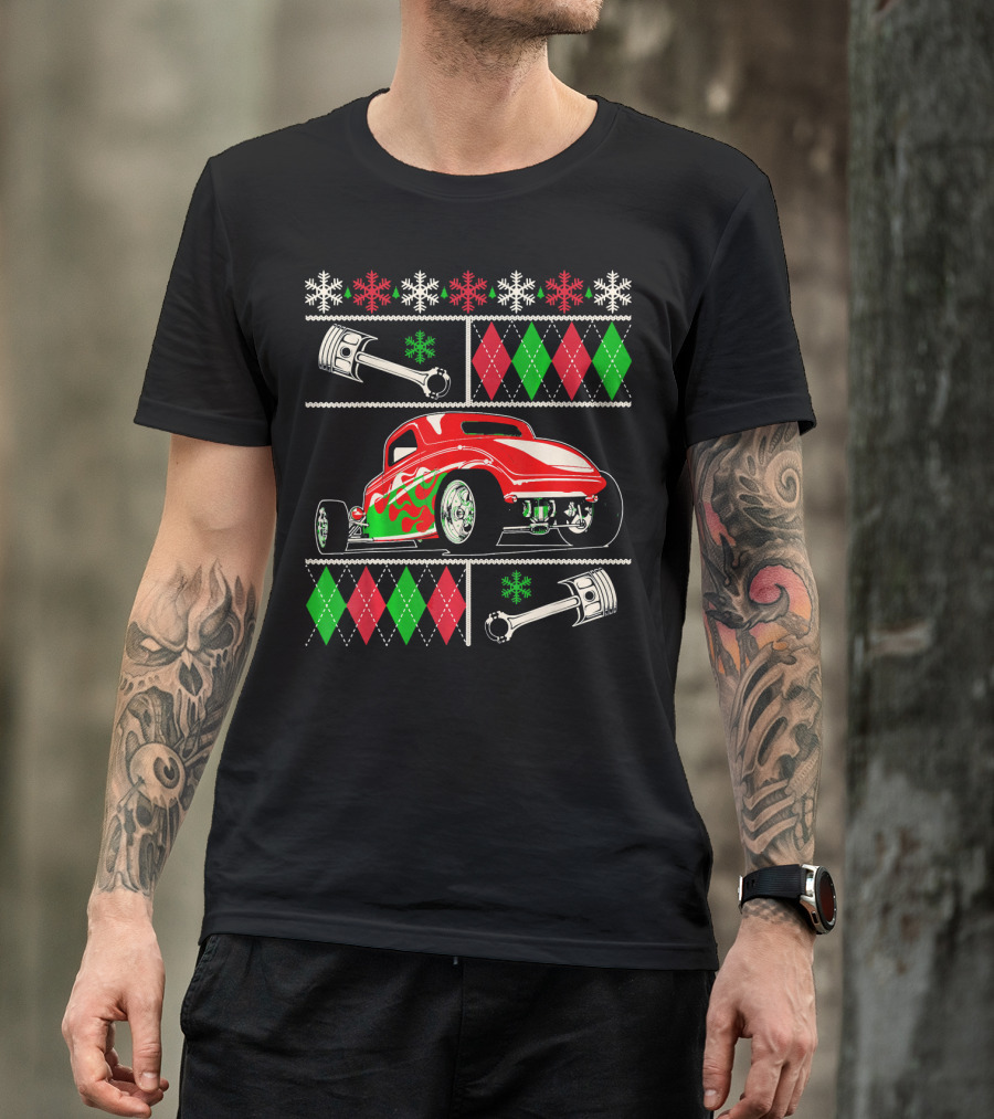 Hot Rod Christmas Ugly Sweater Red Green Car Snowflakes Argyle Pistons T-Shirt