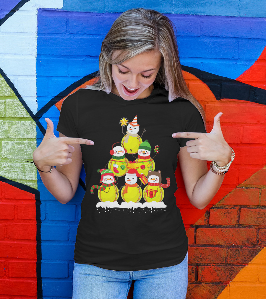 Softball Snowman Christmas Tree Holiday Scene T-Shirt