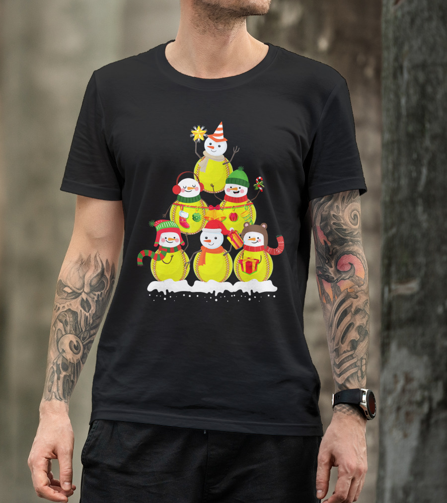 Softball Snowman Christmas Tree Holiday Scene T-Shirt