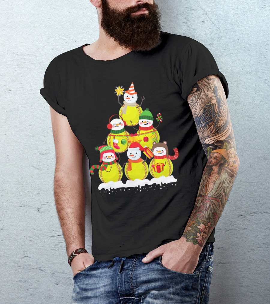 Softball Snowman Christmas Tree Holiday Scene T-Shirt