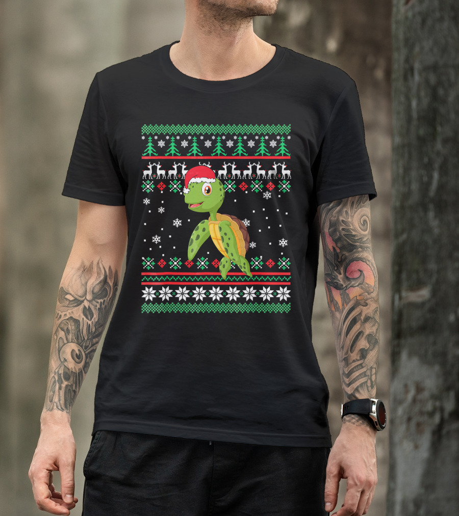 Sea Turtle With Santa Hat Christmas Sweater Pattern Snowflakes Reindeer Trees T-Shirt