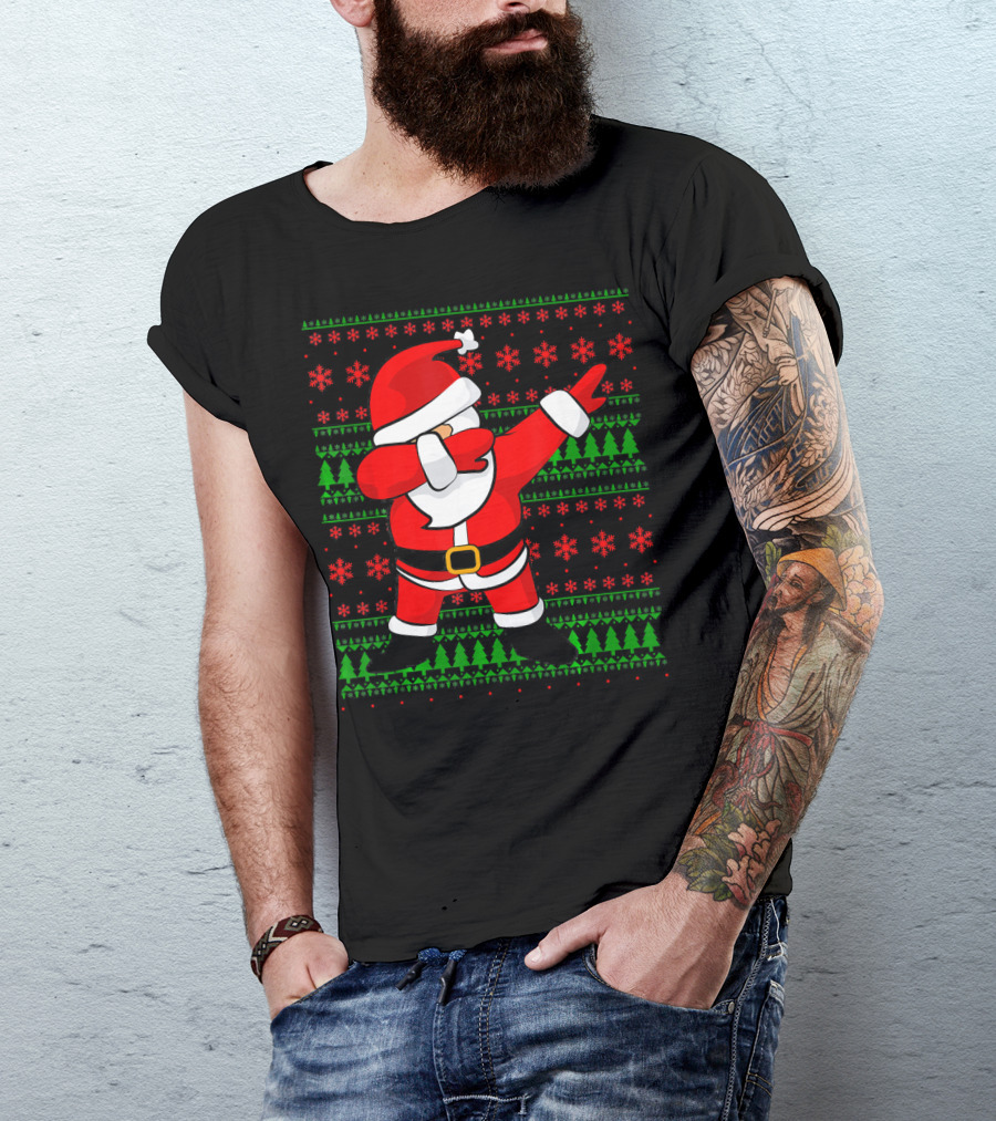 Santa Claus Dabbing Christmas Sweater Style Snowflakes Trees T-Shirt