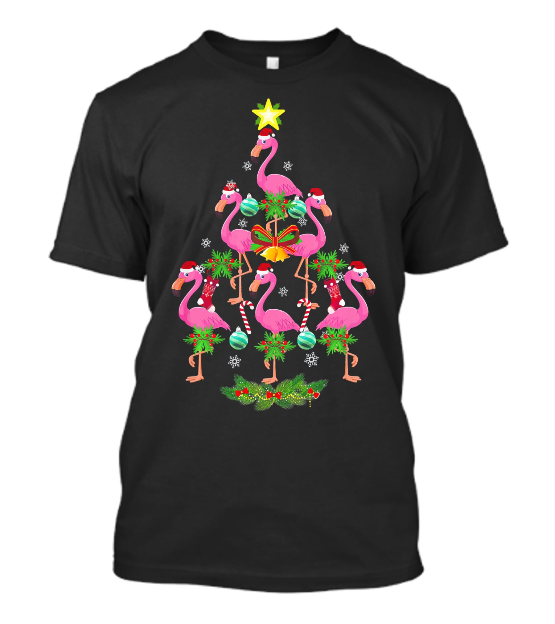 Star Flamingo Christmas Tree Santa Hat Ornaments T-Shirt