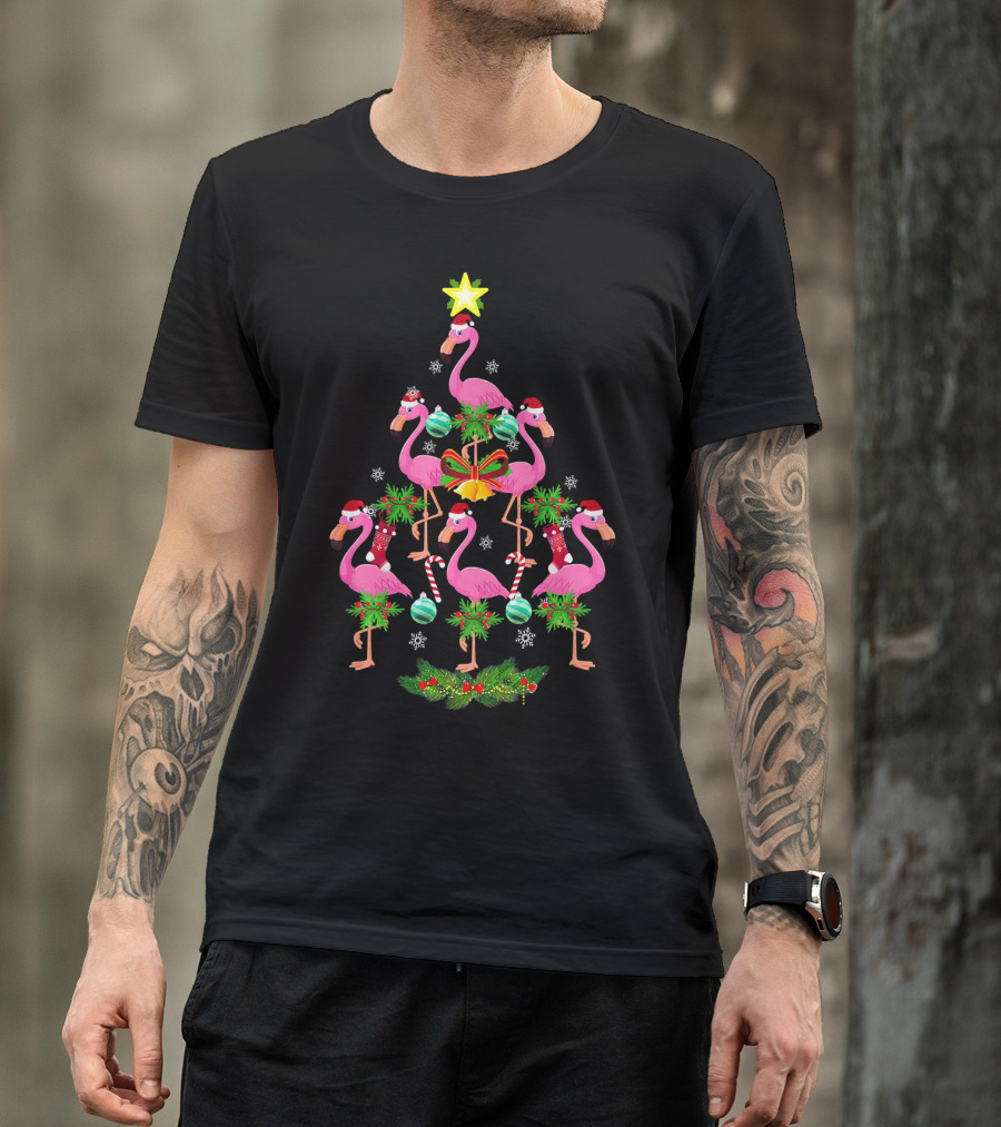 Star Flamingo Christmas Tree Santa Hat Ornaments T-Shirt
